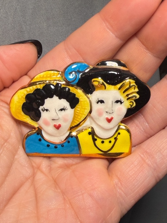 Jewelry - Vintage-Inspired Women Enamel Hat Ladies Handmade Brooch in Yellow, Black & Blue